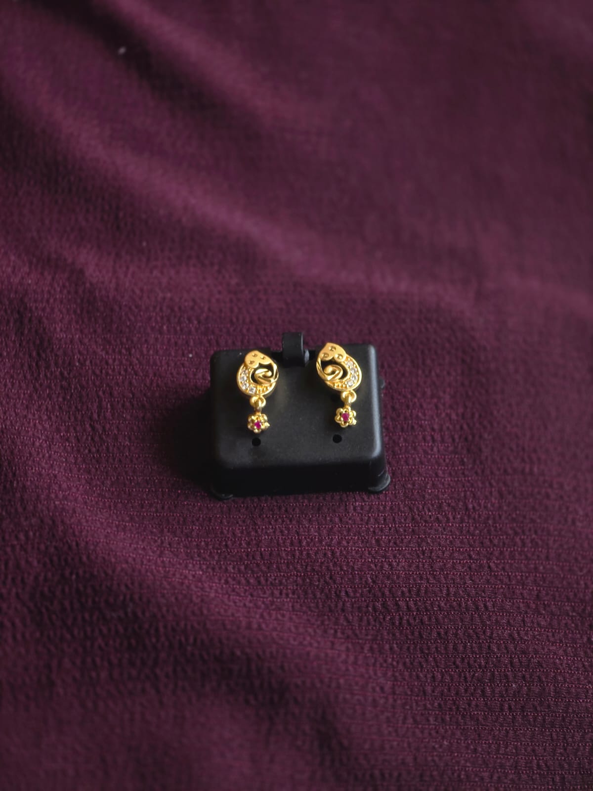 Premium Micro Gold CZ Stud Earrings for Women | Designer Gold-Tone Earrings with Ruby Drop Accent