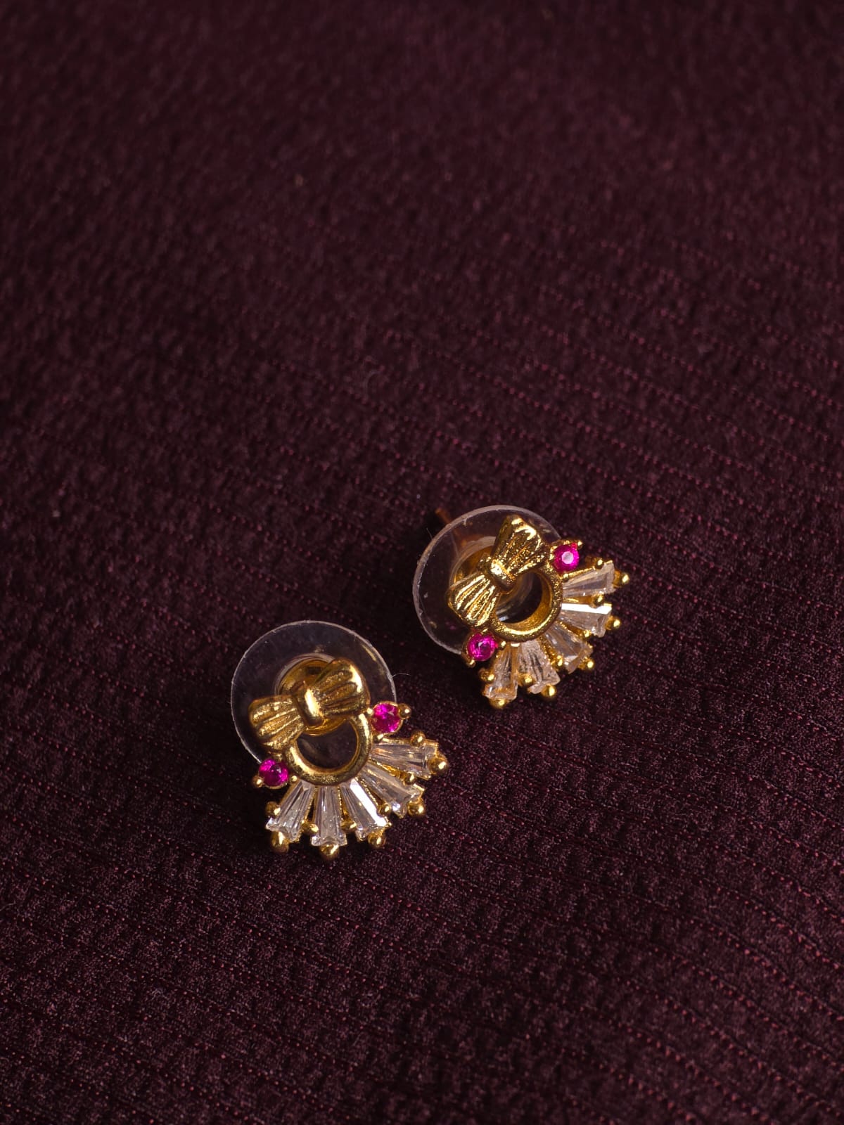 Premium Bow CZ Stud Earrings for Women | Micro Gold Designer Earrings with Ruby Accents