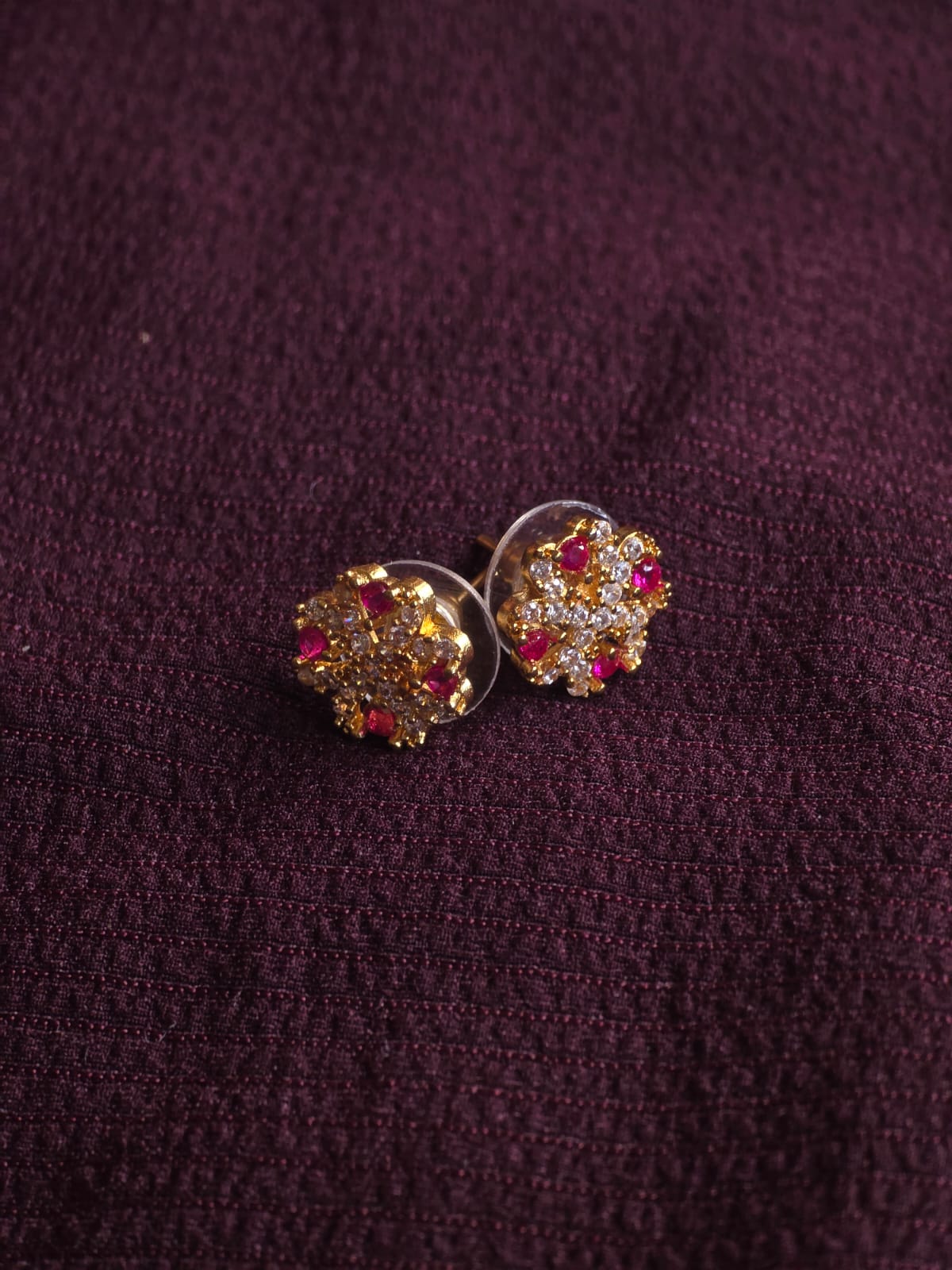 Premium Floral CZ & Ruby Stud Earrings for Women | Micro Gold Designer Flower Earrings