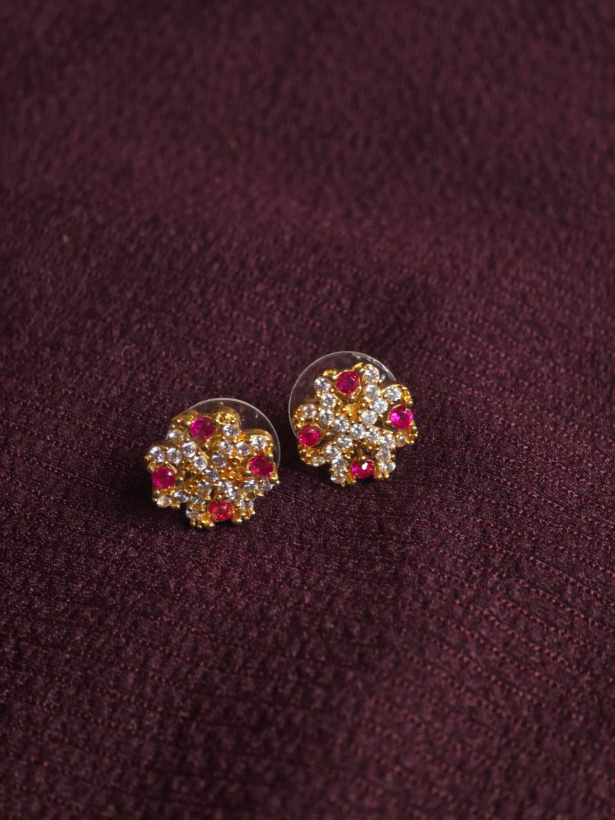 Premium Floral CZ & Ruby Stud Earrings for Women | Micro Gold Designer Flower Earrings