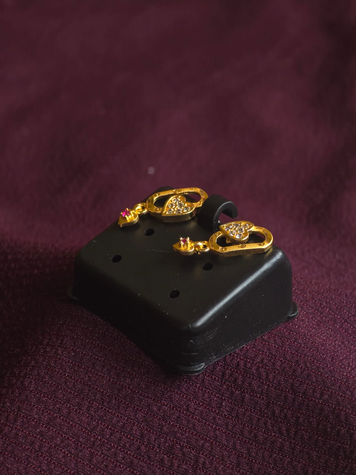 Premium Heart Drop CZ Stud Earrings for Women | Micro Gold Designer Earrings with Ruby Accent