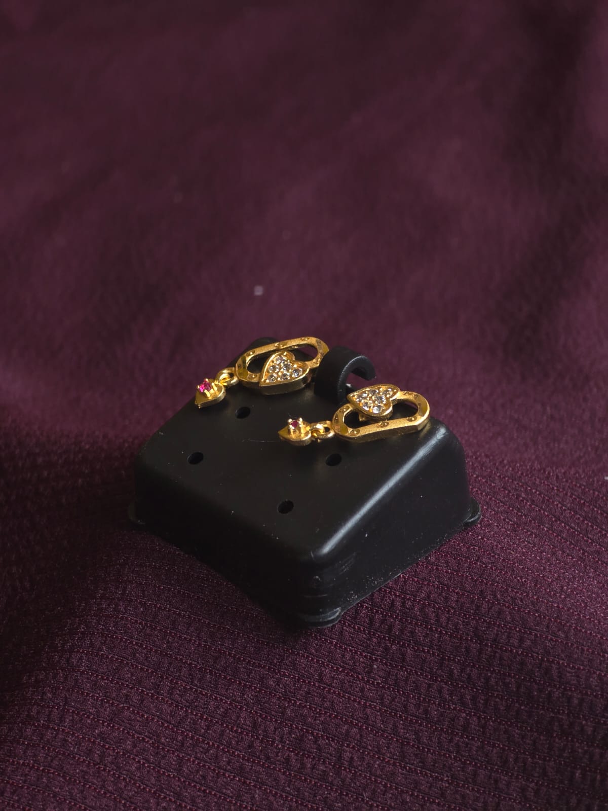 Premium Heart Drop CZ Stud Earrings for Women | Micro Gold Designer Earrings with Ruby Accent