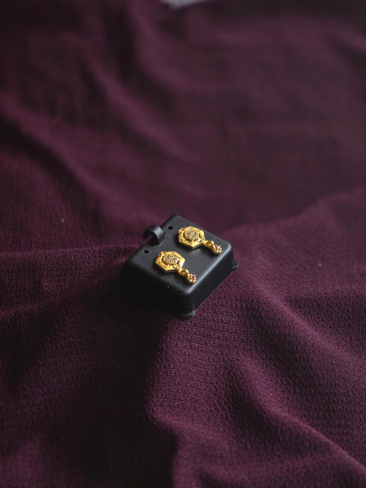 Premium Hexagon CZ Drop Stud Earrings for Women | Micro Gold Designer Earrings with Ruby Accent