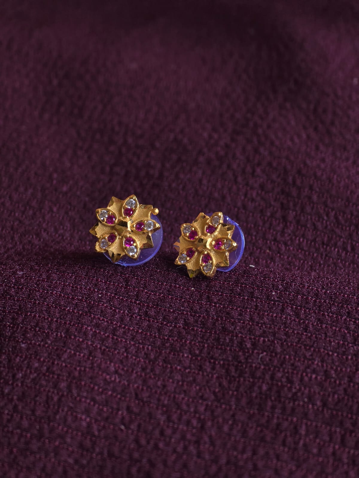 Premium Floral Ruby CZ Stud Earrings for Women | Micro Gold Flower Design Earrings