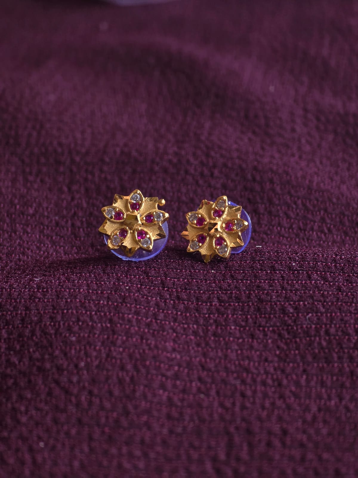 Premium Floral Ruby CZ Stud Earrings for Women | Micro Gold Flower Design Earrings