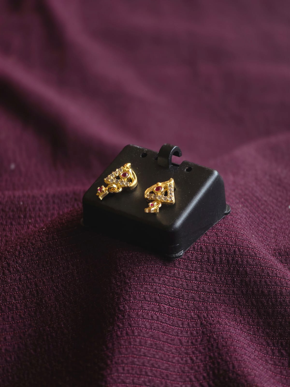 Premium CZ Triangle Stud Earrings for Women | Micro Gold Designer Earrings with Ruby Accent