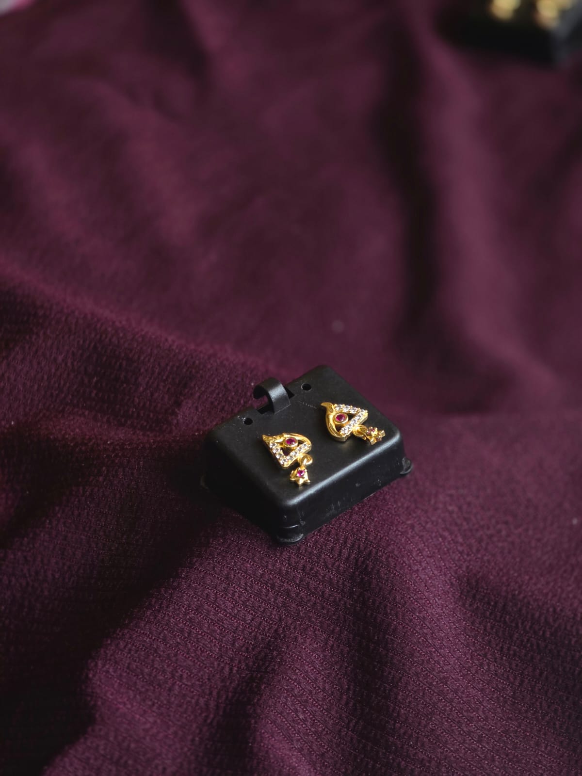 Premium CZ Triangle Stud Earrings for Women | Micro Gold Designer Earrings with Ruby Accent