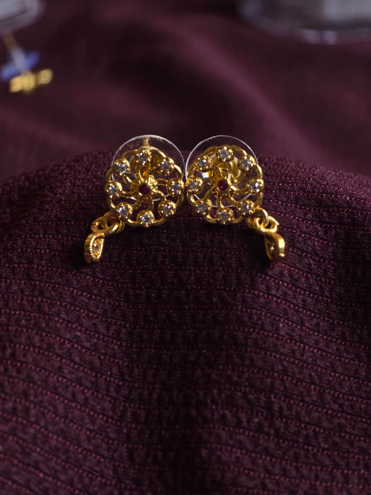 Premium Floral CZ Stud Earrings for Women | Micro Gold Designer Earrings with Ruby Stone Accent