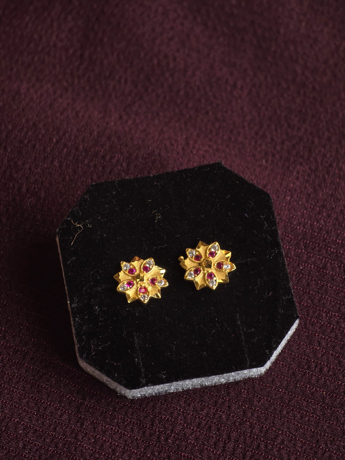 Premium Floral Ruby & CZ Stud Earrings for Women | Micro Gold Designer Flower Earrings