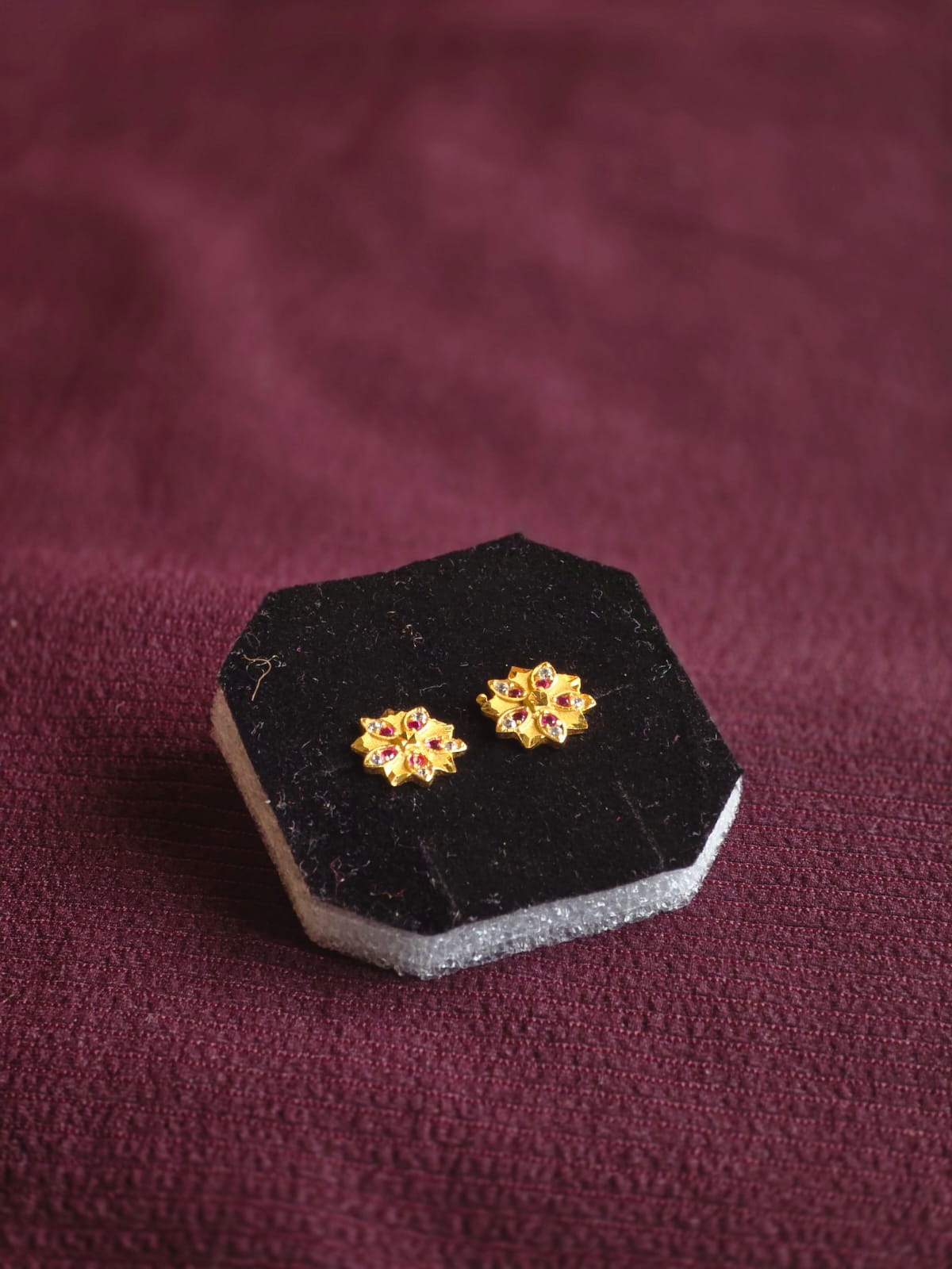 Premium Floral Ruby & CZ Stud Earrings for Women | Micro Gold Designer Flower Earrings