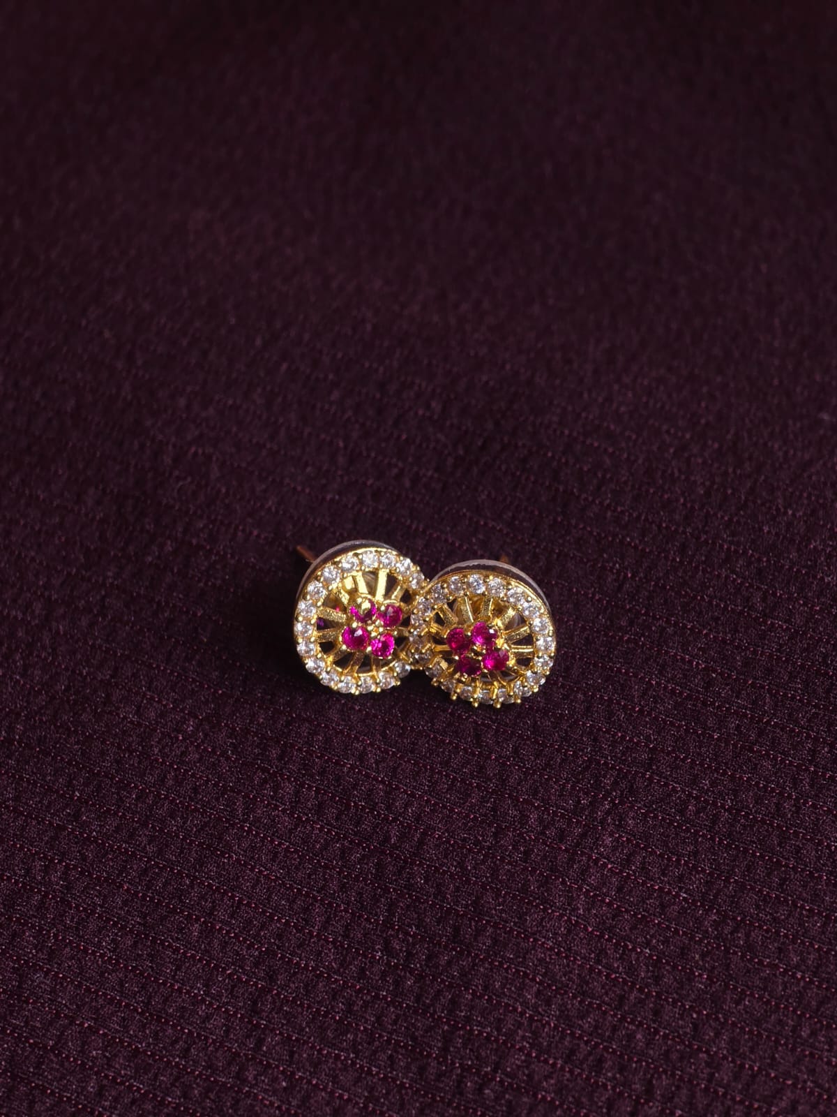 Premium Round Halo CZ Stud Earrings for Women | Micro Gold Floral Designer Earrings with Ruby Stone