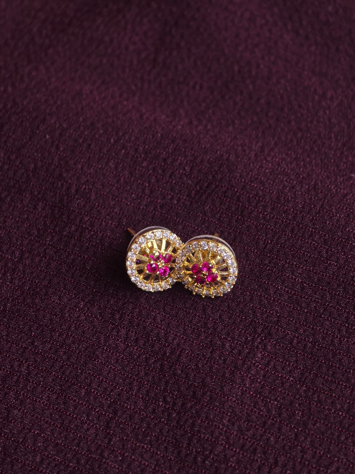 Premium Round Halo CZ Stud Earrings for Women | Micro Gold Floral Designer Earrings with Ruby Stone