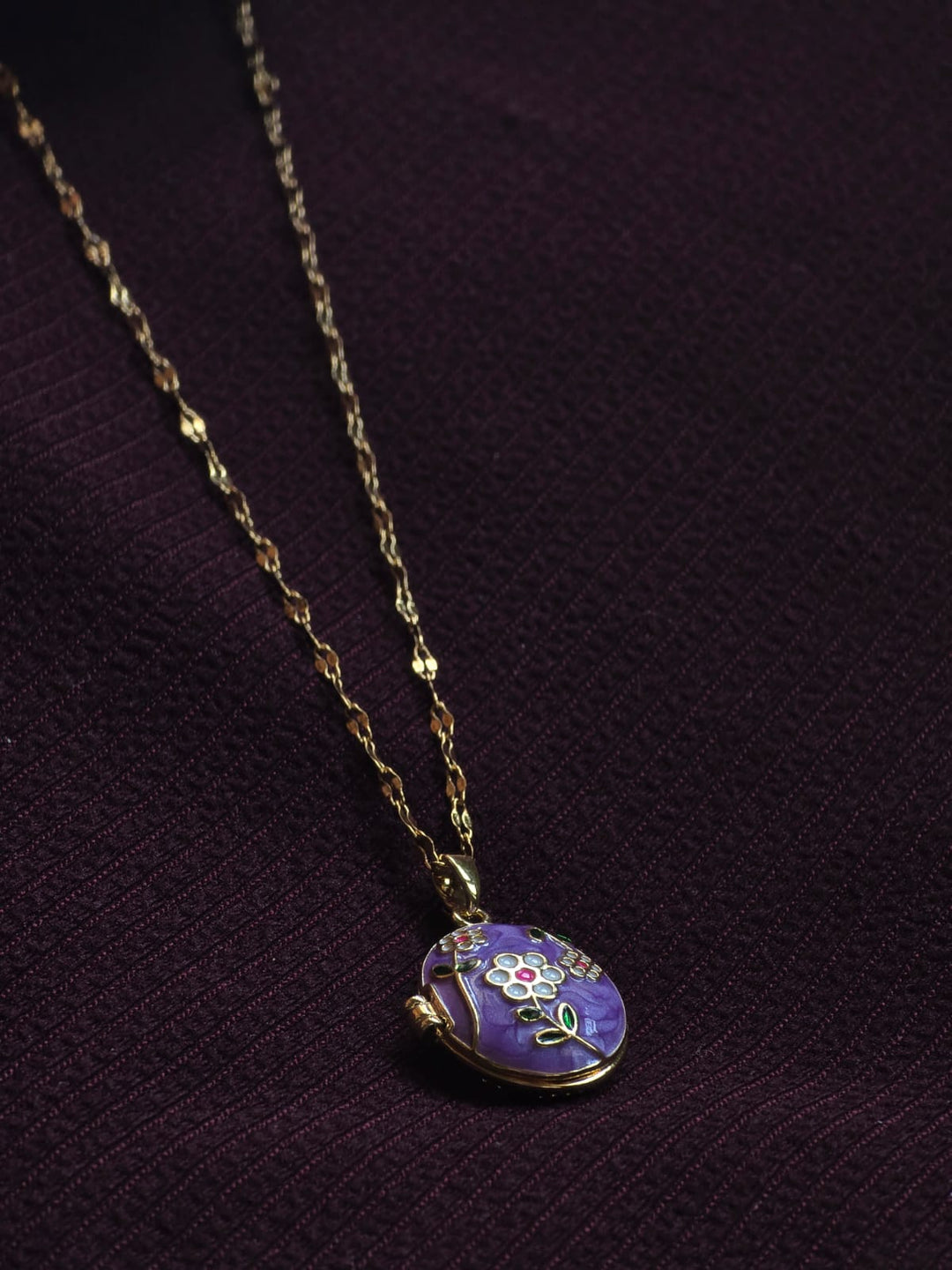 Purple Floral Enamel Locket Pendant Necklace for Women | Gold-Plated Vintage Charm Necklace