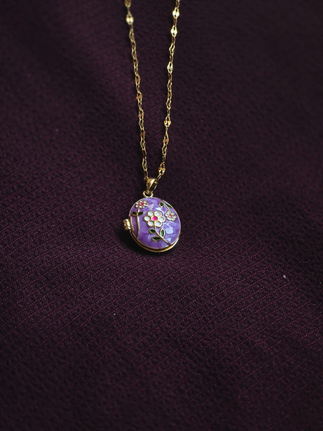 Purple Floral Enamel Locket Pendant Necklace for Women | Gold-Plated Vintage Charm Necklace