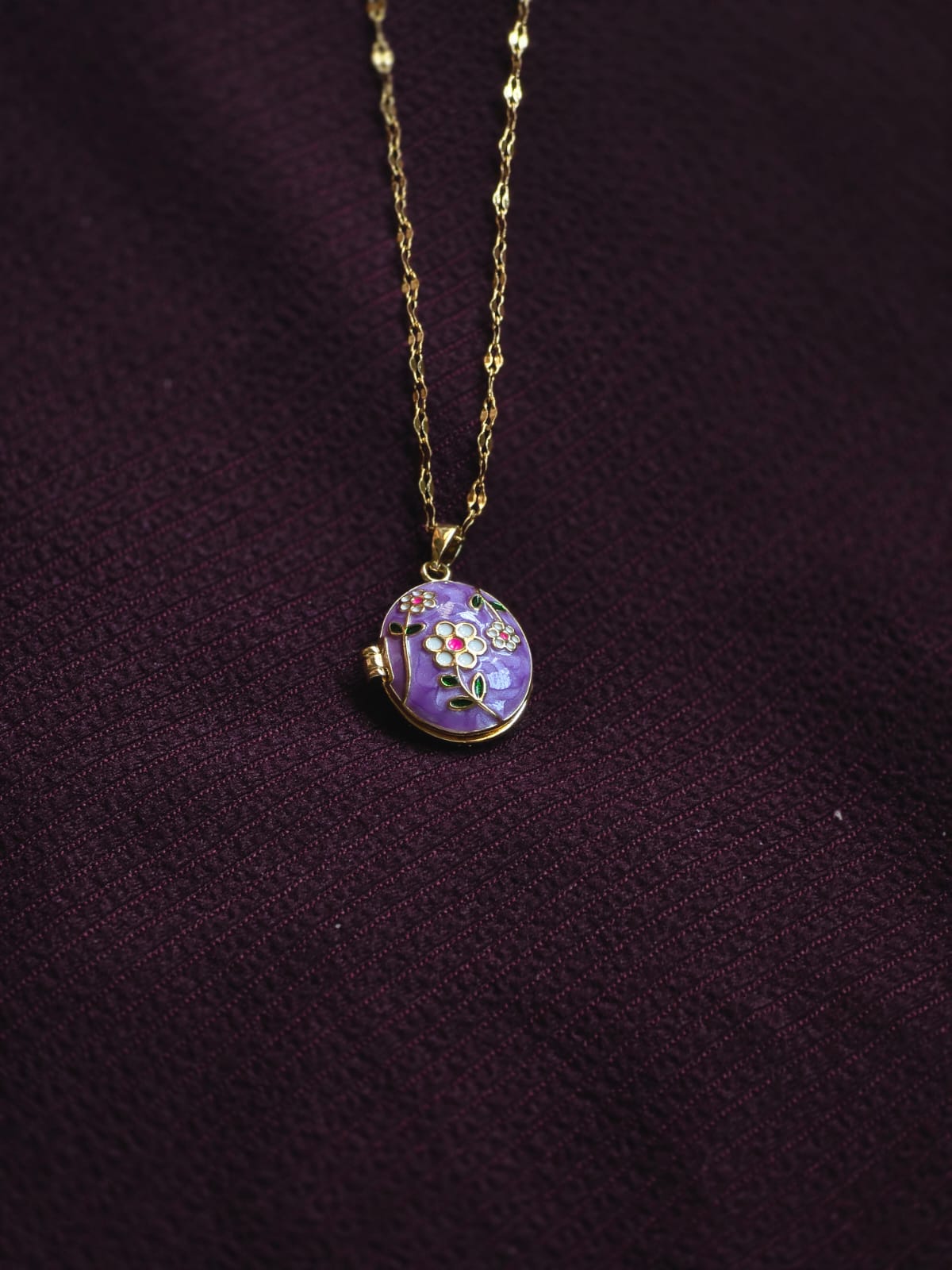 Purple Floral Enamel Locket Pendant Necklace for Women | Gold-Plated Vintage Charm Necklace