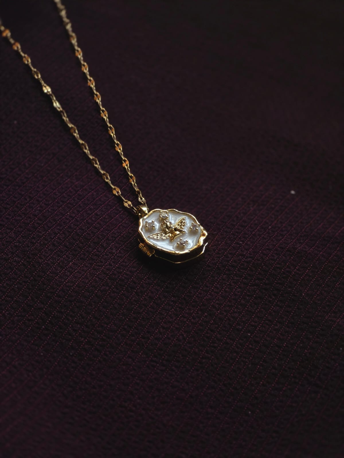White Enamel Angel Locket Pendant Necklace for Women | Gold-Plated Vintage Charm Necklace