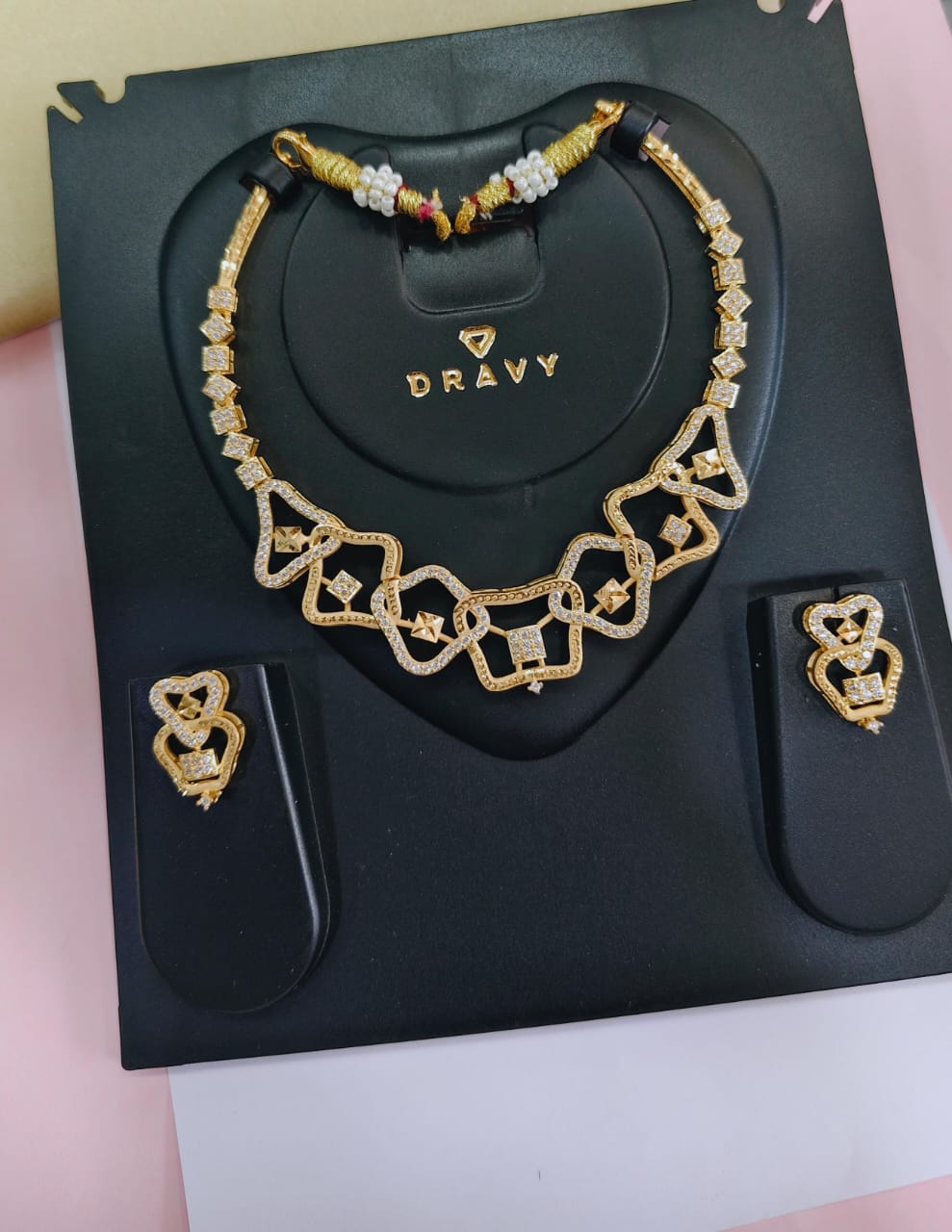 Premium Gold-Tone CZ Geometric Necklace Set for Women | Designer Statement Necklace with Matching Earrings