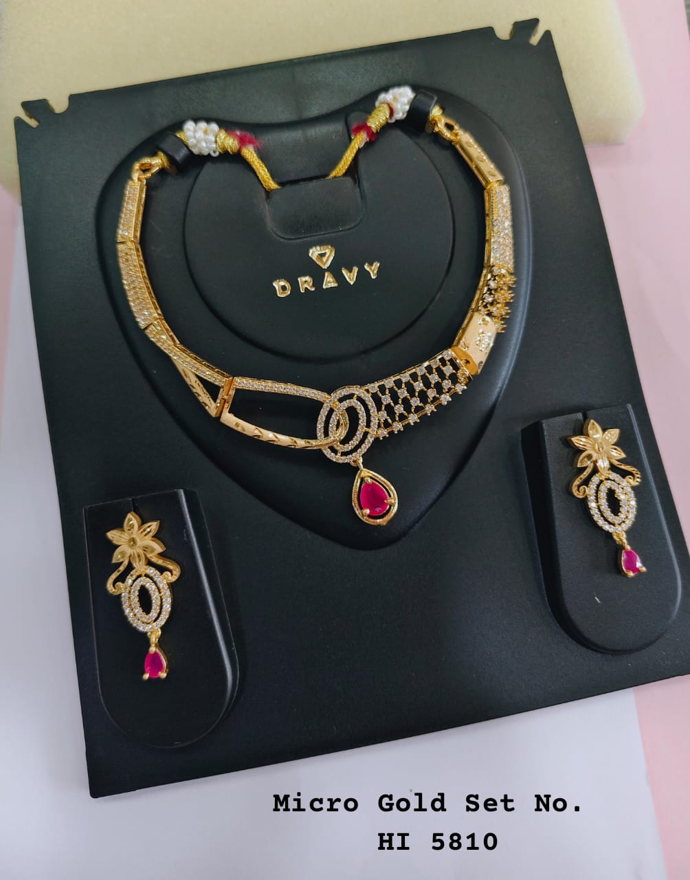 Premium Gold-Tone CZ Ruby Drop Necklace Set for Women | Designer Micro Gold Necklace with Matching Earrings